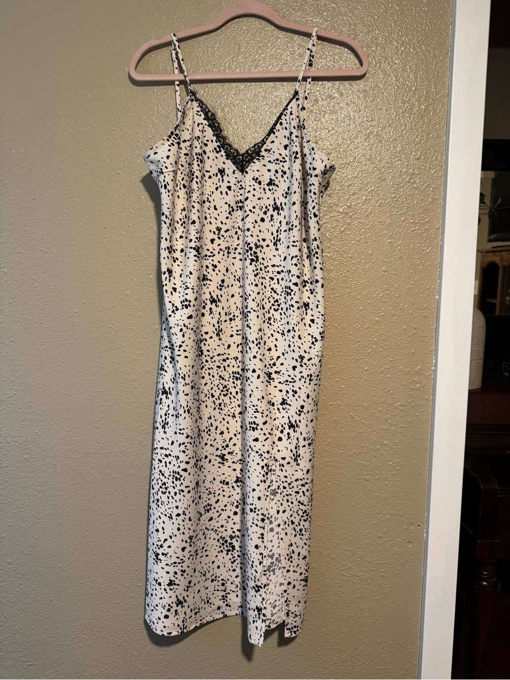 a new day Black and White Spotted Slip Dress with Lace Trim